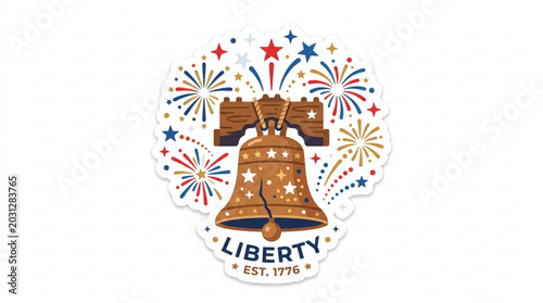 Vibrant illustration of liberty bell with fireworks and stars on white background for 4th of july celebrations