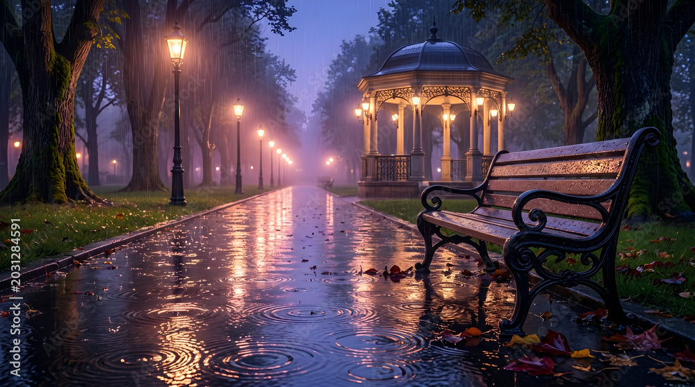 Fototapeta premium An bench sits in a dark winter park at night, surrounded by trees with glowing city street lamps and old urban architecture in the background