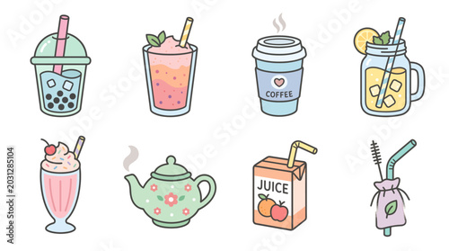 Fotografie Collection of Hand-Drawn Beverage and Drink Icons for Refreshing Refreshments