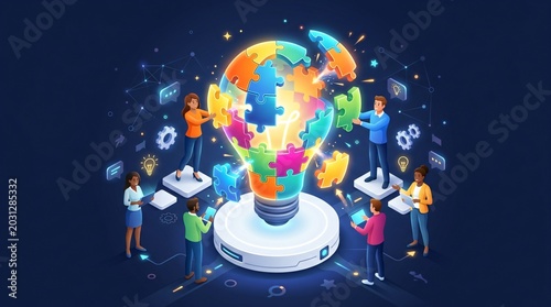 3D Isometric Glowing Puzzle Pieces Forming a Lightbulb Brainstorming Concept