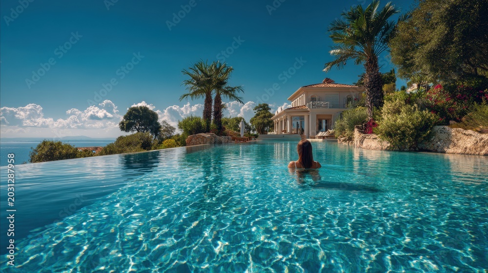 Obraz premium Woman swims in infinity pool with luxury villa, Mediterranean sea, and palm trees.