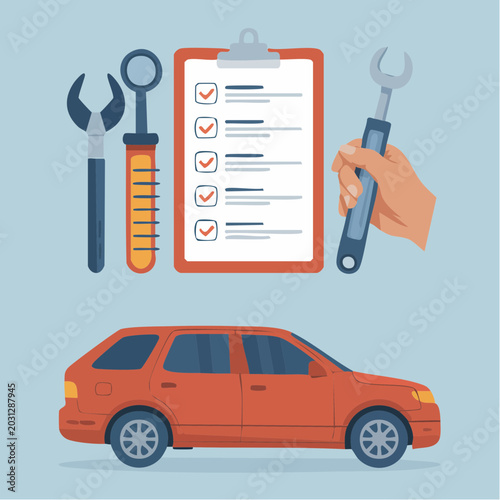 Car maintenance checklist illustration with tools and vehicle