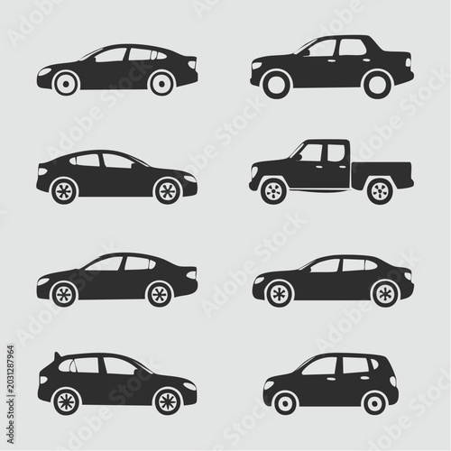 black silhouettes of various cars and trucks side view