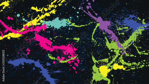 Schilderij op canvas Fluorescent colors splattered haphazardly across the dark background