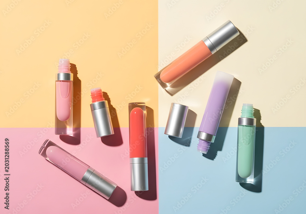Obraz premium Colorful lip gloss tubes on pastel geometric background