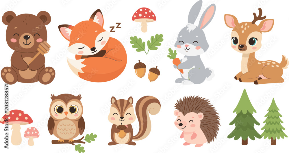 Fototapeta premium Cute Woodland Animals Vector Character Set for Nursery Decoration, Baby Shower, Kids Design, and Forest Theme Graphic Illustration Projects