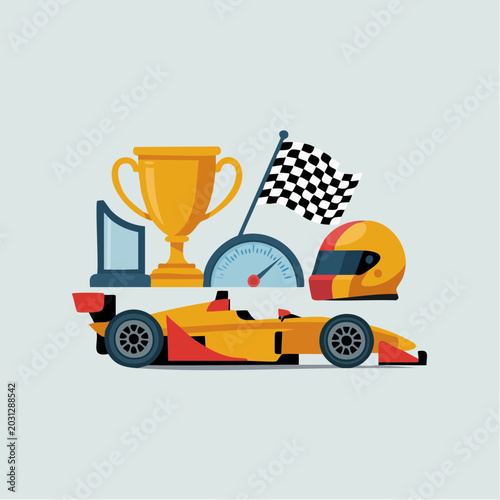 Colorful racing car illustration with trophy checkered flag and helmet