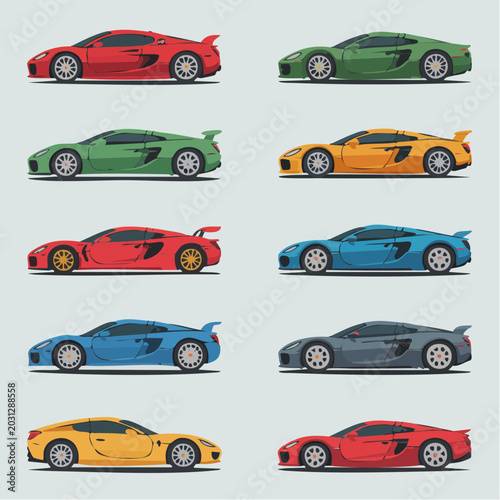 colorful sports cars illustration with different colored vehicles