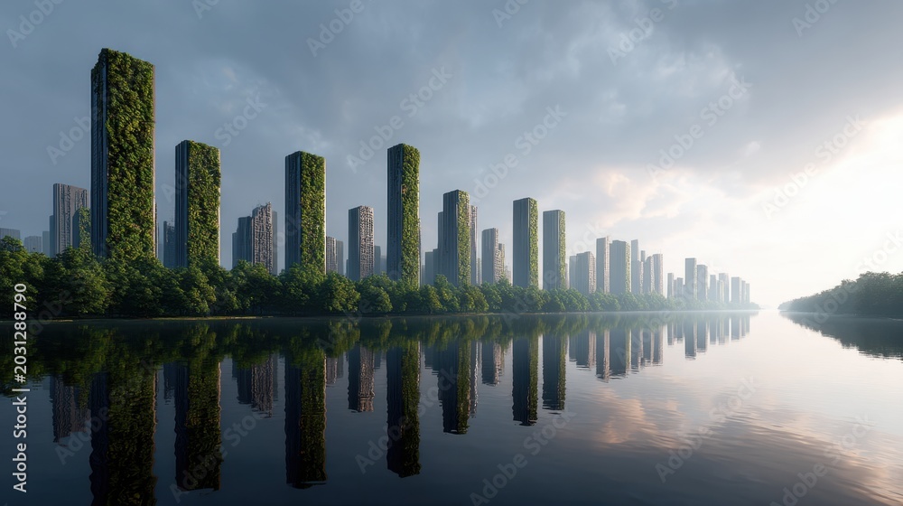 Fototapeta premium Serene Urban Reflections of Modern Architecture Surrounded by Greenery and Water at Dawn, Showcasing Eco-Friendly Living in a Metropolis
