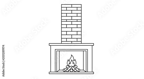 Fotografía Line art illustration of a cozy fireplace with burning logs and brick chimney