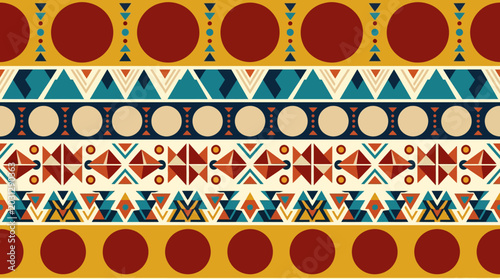 Tableau sur toile Colorful geometric tribal pattern with circular borders and decorative motifs
