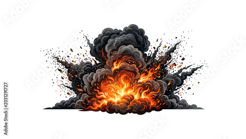 Foto A realistic illustration of a fiery explosion with dark smoke against a plain white background