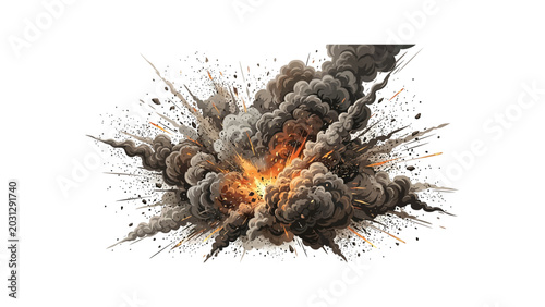 Tableau sur toile A realistic illustration of a fiery explosion with dark smoke and orange flames on a white background