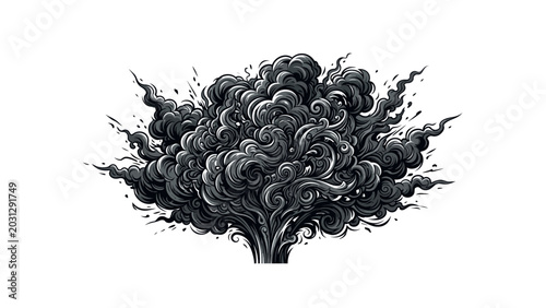 Cuadro en lienzo Monochromatic illustration of a tree with swirling smoke-like foliage on a white background with a dark and mysterious mood