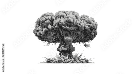 Foto A grayscale illustration of a mushroom cloud with a thick stem and dense smoke, isolated on a white background with a subtle grass texture