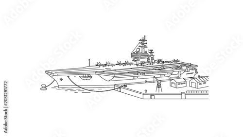 Obraz na płótnie Detailed line drawing of a large aircraft carrier with various military vehicles on deck in a simple, monochromatic style against a clean white background