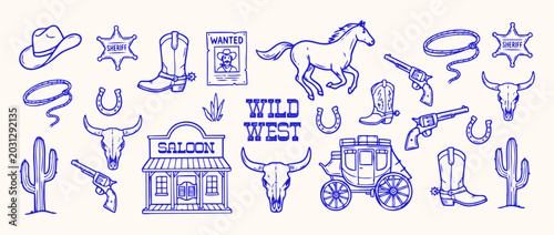 Foto Wild West Icons: A collection of hand-drawn illustrations depicts classic Wild West imagery, including cowboy hats, boots, horses, firearms, and a saloon, evoking the spirit of the frontier