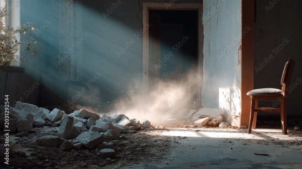 Fototapeta premium Dust motes dancing in sunbeams: A derelict room, illuminated by shafts of sunlight streaming through a window, reveals dust motes suspended in the air, dancing above a pile of rubble.