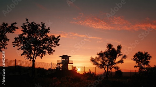 Borderline Sunset: A stark silhouette of a watchtower stands guard against a vibrant sunset sky, with silhouetted trees framing the scene, evoking a sense of vigilance and the quiet end of a day.