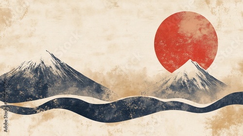 Japanese landscape painting with mountains and sun, vintage style poster art
