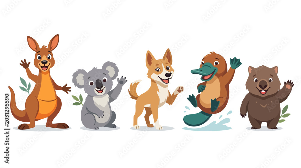 Fototapeta premium Cute Australian Animals Cartoon Character Set Vector Illustration