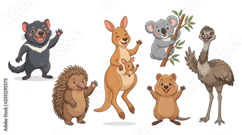Collection of Australian Wildlife Cartoon Characters Vector Illustration