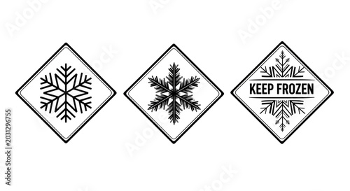 Three frozen food safety icons featuring snowflakes and a keep frozen label for packaging.