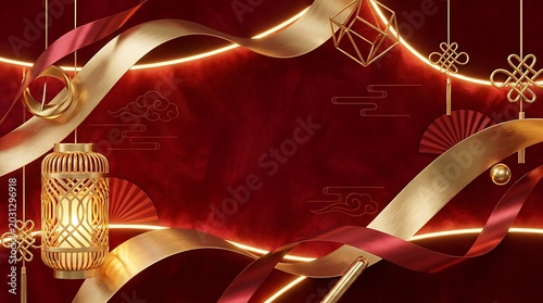 Elegant Chinese New Year background with golden lantern, flowing ribbons, and traditional cultural decorations on a rich red backdrop