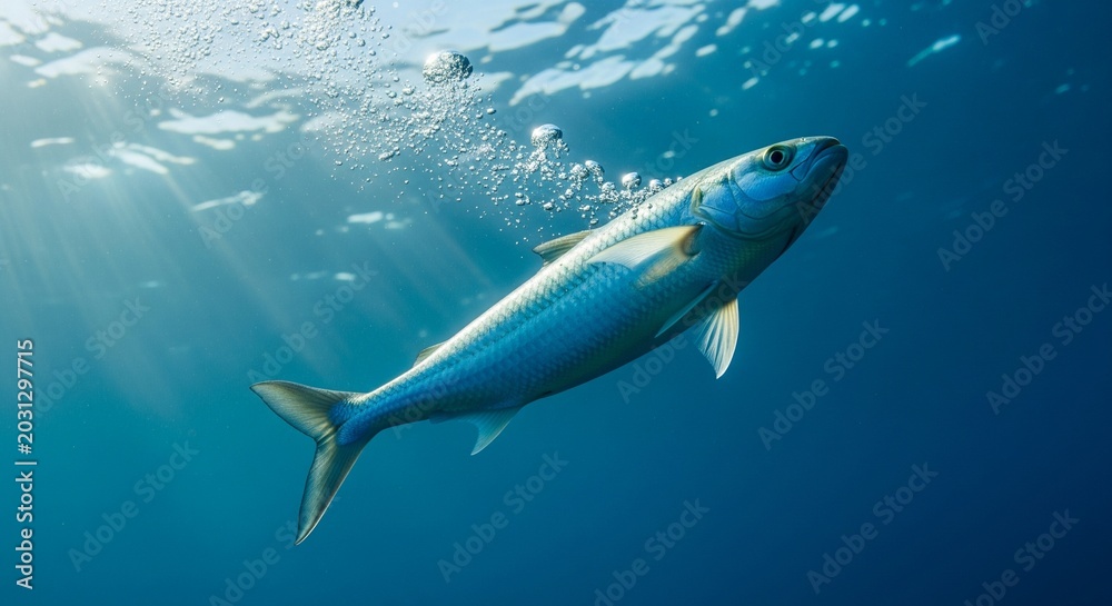 Obraz premium Silver fish swimming upwards with air bubbles in deep blue ocean water
