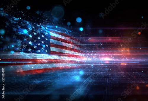 Digital American Flag with Light Trails and Particle Effects
