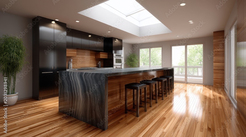 Fototapeta premium Modern kitchen design with sleek cabinets, wooden accents, skylight, and contemporary furniture in bright and open layout showcasing elegance and style