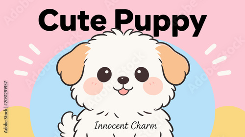Εκτύπωση καμβά A charming cartoon illustration of a cute fluffy white puppy with tan ears and rosy cheeks, smiling happily on a pink and blue background