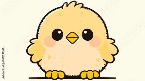 Bild auf Leinwand Adorable fluffy yellow cartoon chick illustration with big black eyes and a small orange beak, looking directly forward