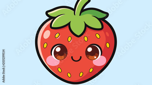 Photos A cute, kawaii-style cartoon strawberry with big, sparkling eyes and rosy cheeks, set against a soft blue background