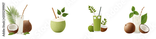 Fresh Coconut Water Collection with Leaves and Straws