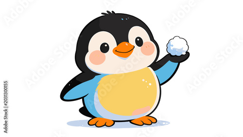 Quadro em tela A cute, cartoon-style penguin holding a snowball, with rosy cheeks and a cheerful expression
