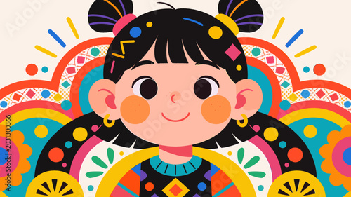 Quadro em tela Vibrant cartoon illustration of a smiling young girl with pigtails and rosy cheeks, set against a colorful background with intricate folk art patterns and geometric designs