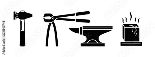 Foto A graphic collection of traditional blacksmithing tools, including a hammer, ton