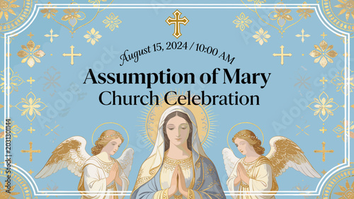 Bilde på lerret Assumption of Mary Church Celebration on August 15, 2024, at 10:00 AM, featuring a depiction of Mary with angels
