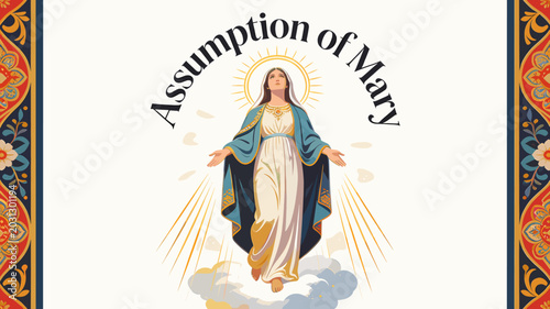 Bild auf Leinwand The Assumption of Mary, a religious illustration depicting the Virgin Mary ascending to heaven surrounded by divine light and clouds, with ornate borders
