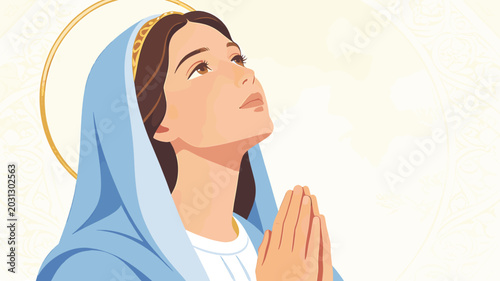 Foto Illustration of the Virgin Mary praying with clasped hands and a halo, looking upwards with devotion and a serene expression
