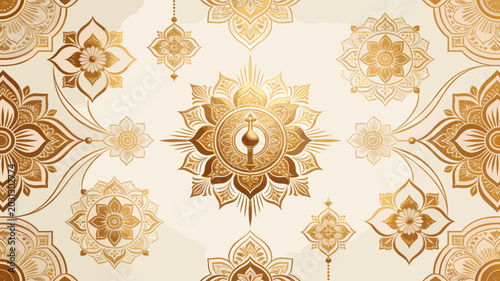Obraz na płótnie Elegant golden Thai traditional pattern with intricate floral and geometric motifs on a cream background, showcasing cultural artistry and decorative design