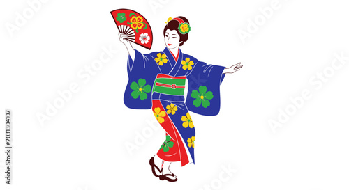 фотографія Japanese Woman Wearing Kimono Dancing with Fan Illustration