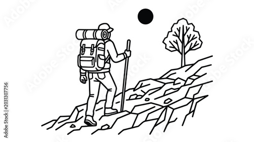 Minimalist Line Art of a Hiker Trekking Up a Steep Mountain Peak with Backpack and Walking Stick
