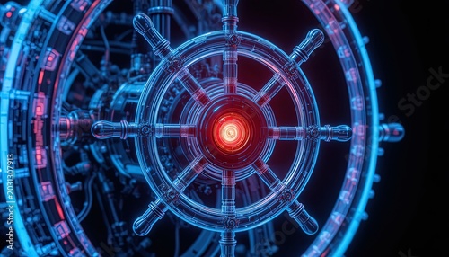 Futuristic ship steering wheel glows with neon blue and red lights against a dark background.