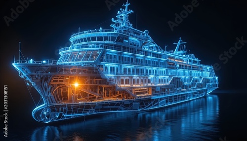 Digital wireframe of a large cruise ship glows against a dark background.