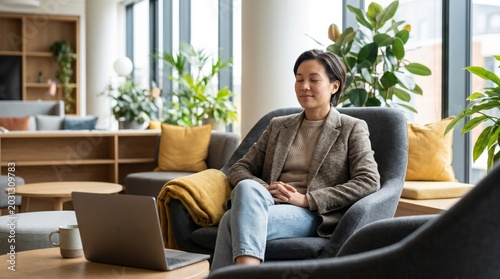 Employee taking mindful break in modern office
