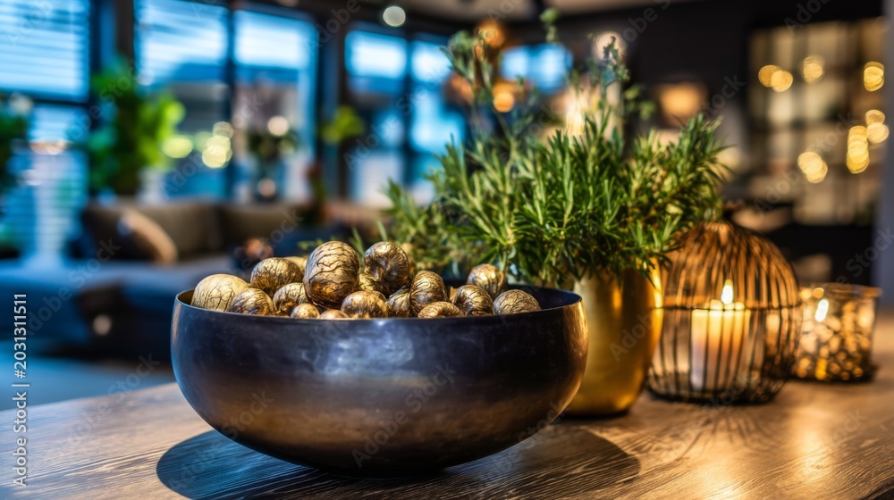 Fototapeta premium Elegant home decor with gold decorative balls in a dark bowl surrounded by plants and candlelight in a cozy interior living space