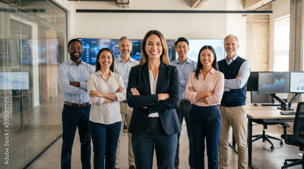 Fototapeta premium Confident female data analyst standing with diverse analytics team in modern technology office, data scientists and BI specialists, business intelligence, big data collaboration professional workplace
