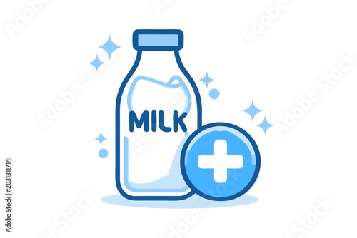Milk bottle with medical cross icon, healthy dairy nutrition and fortified calcium concept, blue vector illustration isolated on transparent background